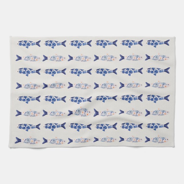 Coastal Style Blue Fish Pattern Shower Curtain Kökshandduk (Horisontell)