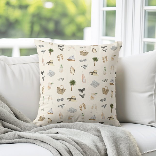 Coastal Summer Getaway Neutral Watercolor Pattern Kudde (Skapare uppladdad)