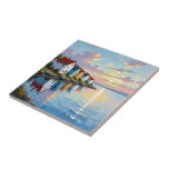 Coastal Themed | Beach Homes on the Bay   Kakelplatta<br><div class="desc">Beautiful  ai illustration of a row of cottage on the coast of a bay or inlet of the ocean at sunset.  The sun reflects on the rippling seaside water.</div>