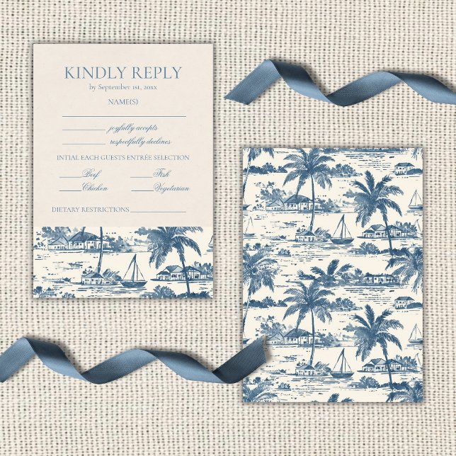 Coastal Toile Classic Script Dammblå  OSA Kort (Coastal Toile Classic Script Dusty Blue RSVP Card)