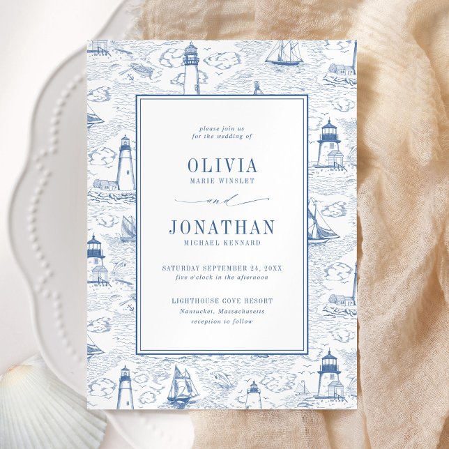 Coastal Toile Lighthouse Blue Wedding Inbjudningar (Skapare uppladdad)