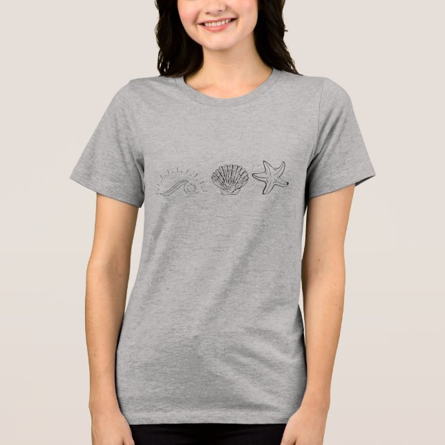 "Coastal Vibes - Wave, Shell & Starfish Line Art" T Shirt (Framsida)