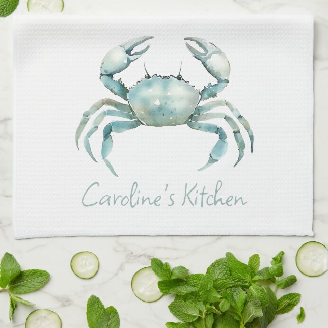 Coastal Watercolor Crab Personalized Kökshandduk (Vikta)