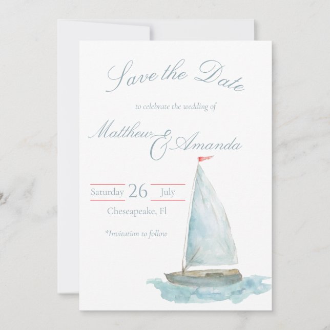 Coastal Watercolor Sailboat Save the Date Inbjudningar (Framsida)