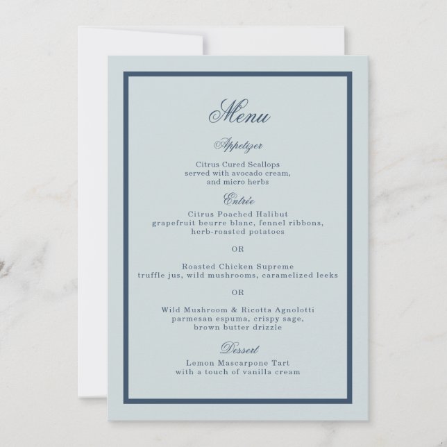 Coastal Wedding Dusty Blue Classic Menu Card Inbjudningar (Framsida)