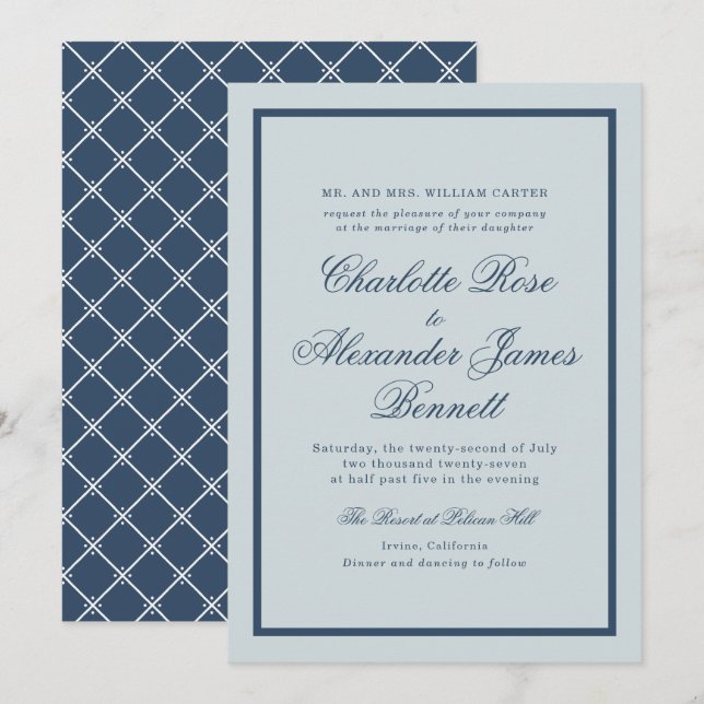 Coastal Wedding Dusty Blue Classic Script Inbjudningar (Fram/baksida)