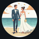 Coastal Wedding Sticker Runt Klistermärke<br><div class="desc">Celebrate your beach wedding with this elegant sticker,  featuring a couple in formal attire standing hand-in-hand on a sandy beach with the ocean backdrop.</div>