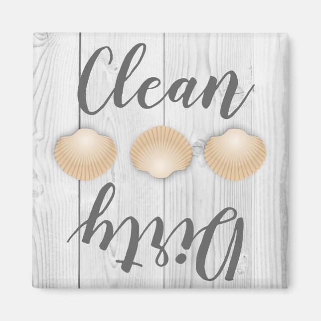 Coastal Wood Seashells Clean Dirty Dishwasher Magnet (Framsidan)