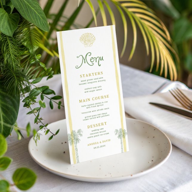 Coastal Yellow Stripes Seashell Palm Tree Wedding Meny (Skapare uppladdad)