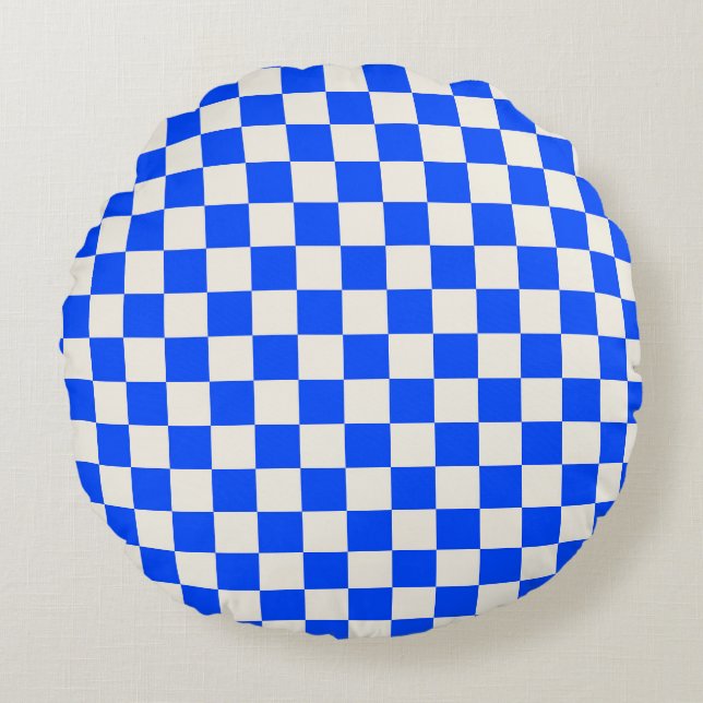 Cobalt and cream checkerboard pattern rund kudde (Framsidan)