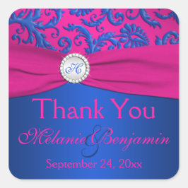 Cobalt and Fuchsia Damask Wedding Favor Sticker Fyrkantigt Klistermärke