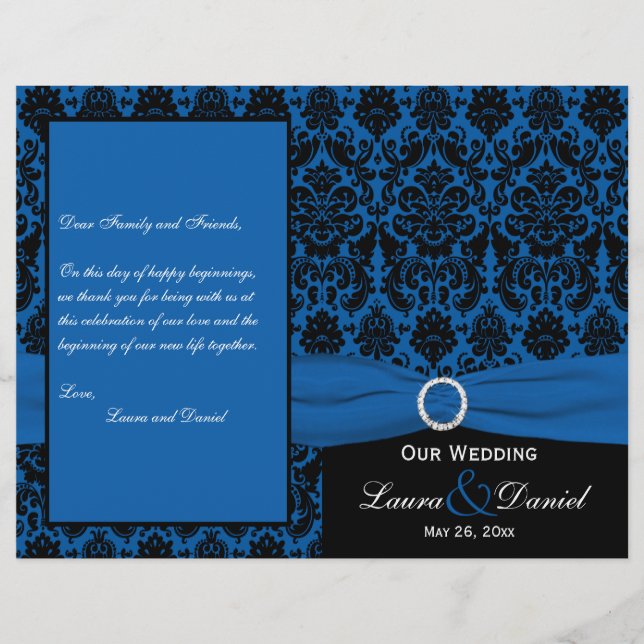 Cobalt Blue and Black Damask Wedding Program (Framsida)