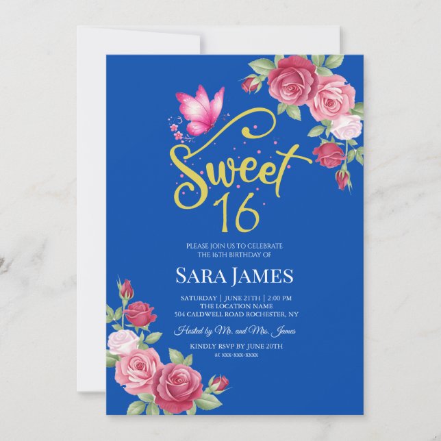 Cobalt Blue and Pink Floral Sweet 16 Birthday Inbjudningar (Framsida)