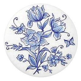 "Cobalt Blue Blommigt" keramisk Drag Knopp