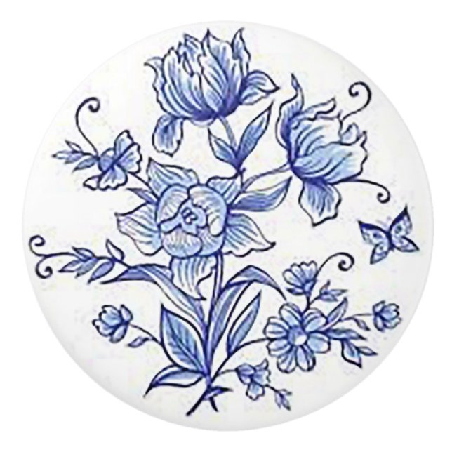 "Cobalt Blue Blommigt" keramisk Drag Knopp (Framsidan)