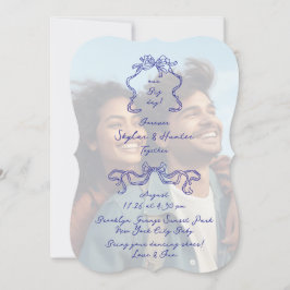 Cobalt Blue Boho Doodle Overlay Photo Bröllop Inbjudningar