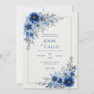 Cobalt Blue Botanical Gold Line Frame Wedding Inbjudningar