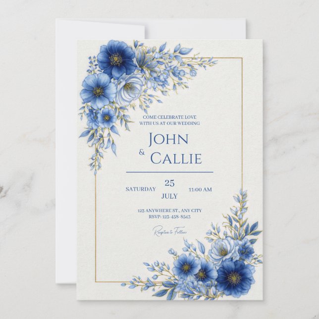 Cobalt Blue Botanical Gold Line Frame Wedding Inbjudningar (Framsida)