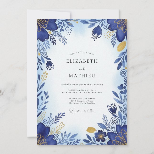 Cobalt Blue Brilliant Botanical Wedding Inbjudningar (Framsida)