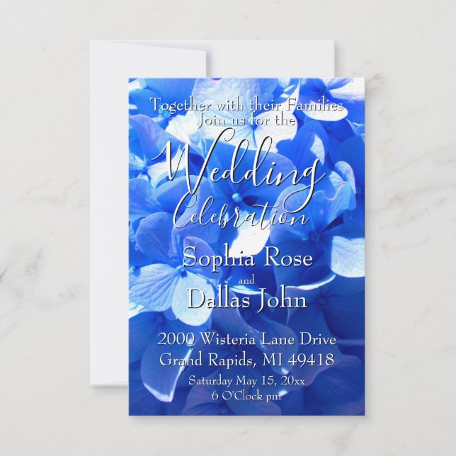 Cobalt blue floral elegant blue hydrangeas Wedding Inbjudningar (Framsida)