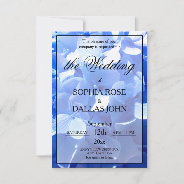 Cobalt blue floral elegant blue hydrangeas Wedding Inbjudningar (Framsida)