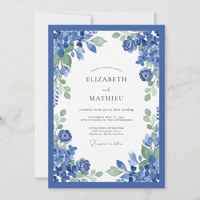 Cobalt Blue Floral Wedding Inbjudningar (Framsida)