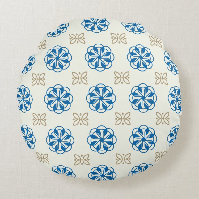 Cobalt Blue & Gold Floral Design Round Pillow Rund Kudde (Framsidan)
