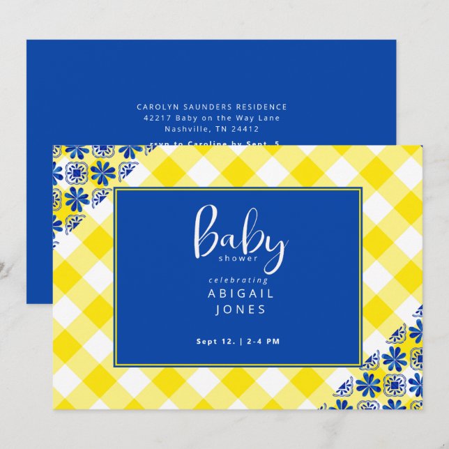 Cobalt Blue & Gult Gingham Baby Shower Inbjudningar (Fram/baksida)