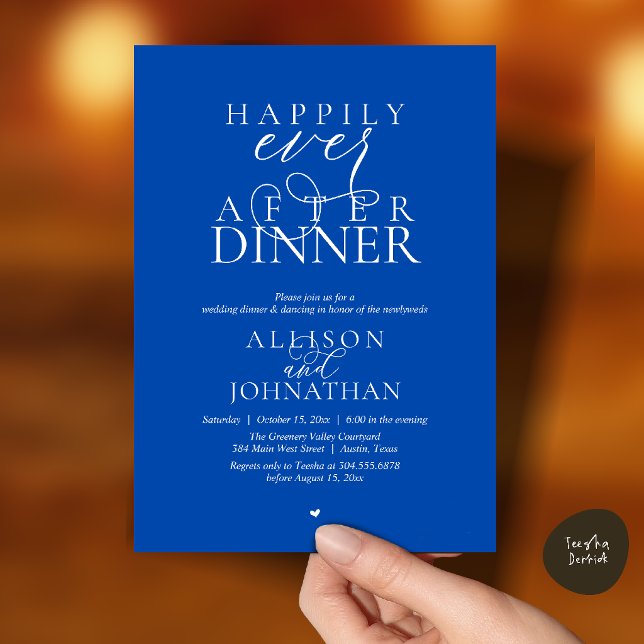 Cobalt Blue Happily Ever After Dinner Wedding Inbjudningar (Cobalt Blue Happily Ever After Dinner Modern Script Wedding Invitation Card)