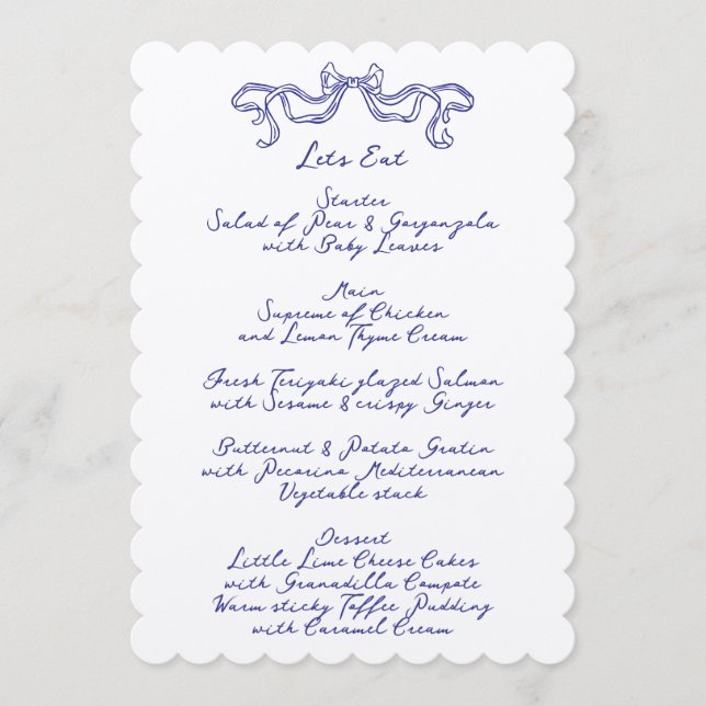 Cobalt Blue La Dolce Vita Doodle Ecru Bröllop Meny (Framsida)