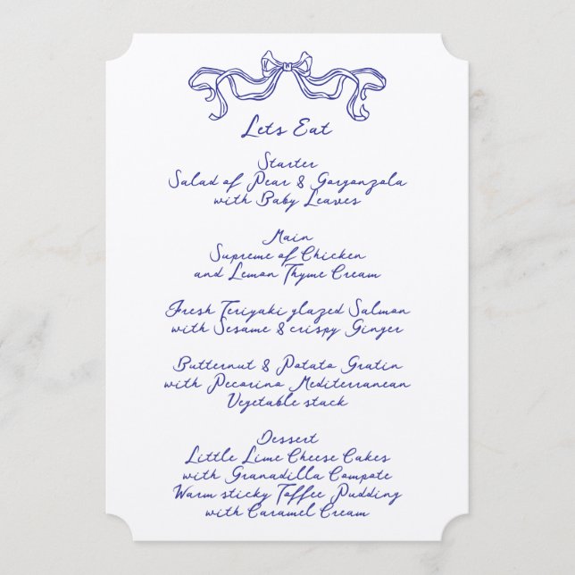 Cobalt Blue La Dolce Vita Doodle Ecru Bröllop Meny (Framsida)