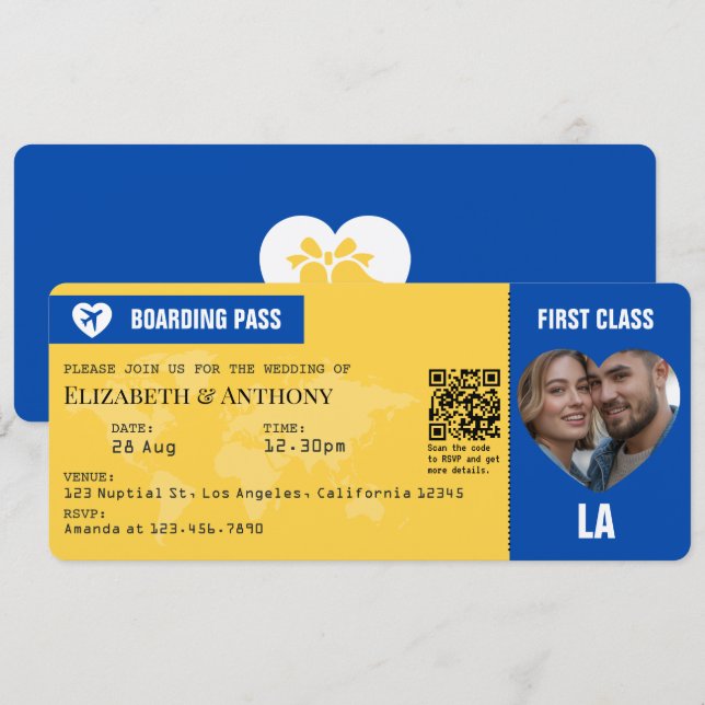 Cobalt Blue & Lemon Yellow Boarding Pass Wedding Inbjudningar (Fram/baksida)