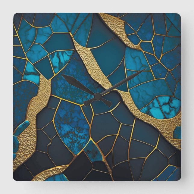 Cobalt Blue Marble Mosaic Guld Inlay Veins Fyrkantig Klocka (Framsida)