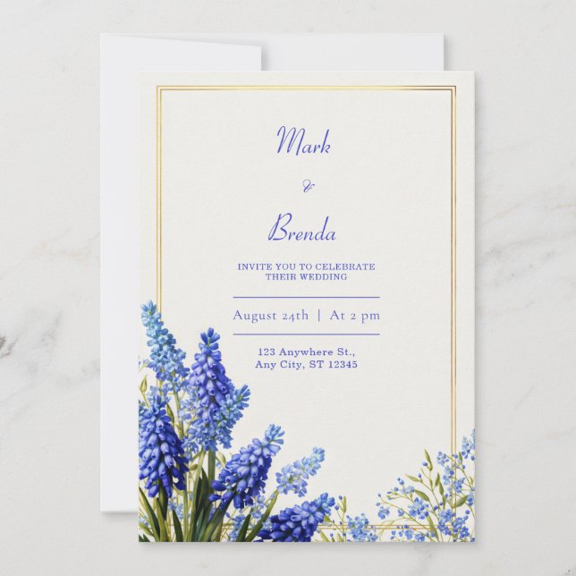 Cobalt Blue Muscari Botanical Gold Frame Wedding Inbjudningar (Framsida)