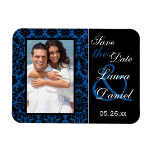 Cobalt Blue och Black Damask Spara datum magneter