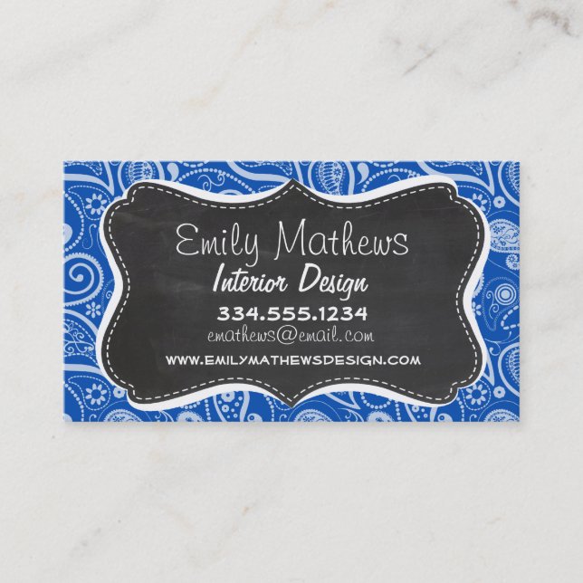 Cobalt Blue Paisley; Vintage Chalkboard Visitkort (Framsida)