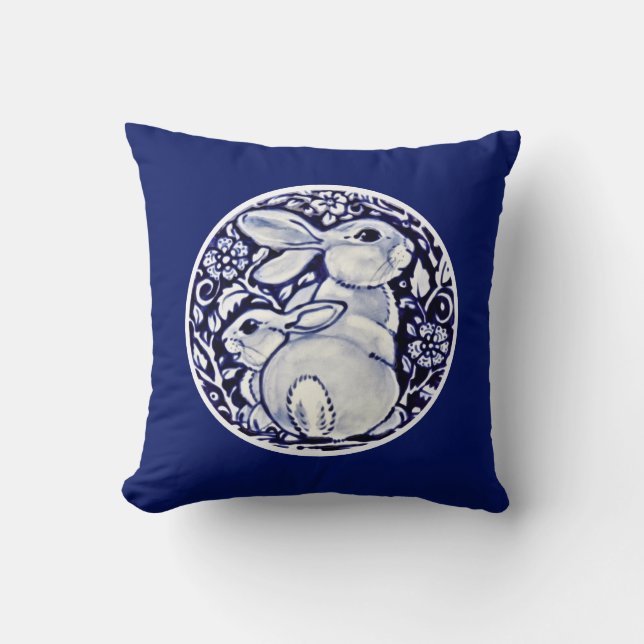 Cobalt Blue Rabbit Baby Bunny Blommigt Medallion Kudde (Framsida)