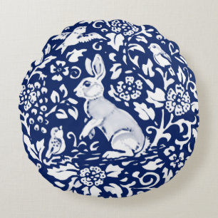Cobalt Blue Rabbit Bird Blommigt Chinoiserie Dedha Rund Kudde