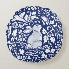 Cobalt Blue Rabbit Bird Blommigt Chinoiserie Dedha Rund Kudde