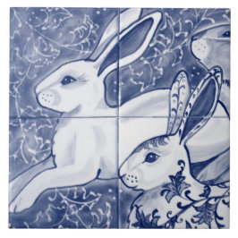 Cobalt Blue Rabbit Chinoiserie Dedham Delft Navy Kakelplatta