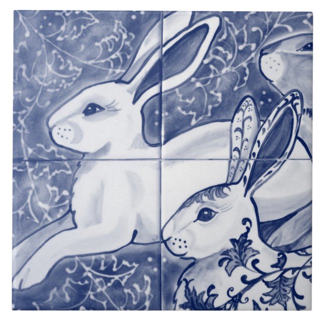 Cobalt Blue Rabbit Chinoiserie Dedham Delft Navy Kakelplatta (Framsidan)