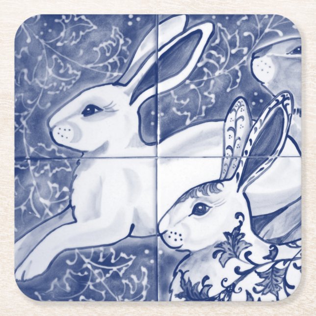 Cobalt Blue Rabbit Chinoiserie Dedham Delft Navy Underlägg Papper Kvadrat (Framsidan)