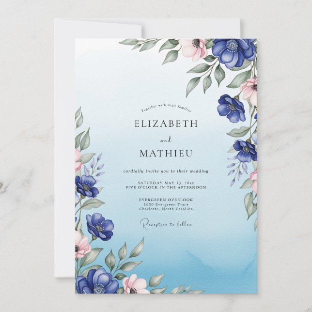 Cobalt Blue Radiant Botanical Wedding Inbjudningar (Framsida)