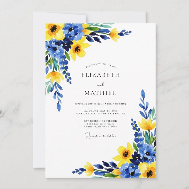 Cobalt Blue Sunny Botanical Wedding Inbjudningar (Framsida)
