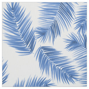 Cobalt Blue Tropical Handflatan Lövs Mönster Fab Tyg