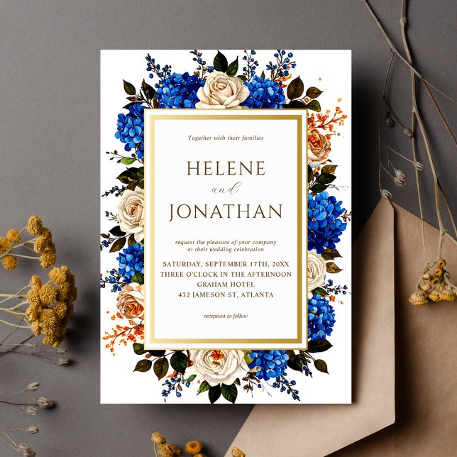 Cobalt Blue Watercolor Blommigt Elegant bröllop Inbjudningar (Cobalt Blue Watercolor Floral Elegant Wedding Invitation)