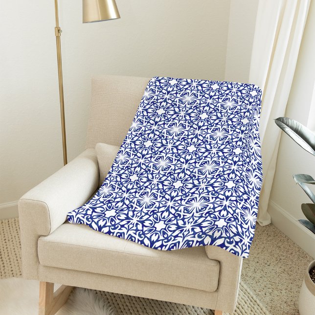 Cobalt Blue Watercolor Spain Tile Mönster Fleecefilt (Skapare uppladdad)