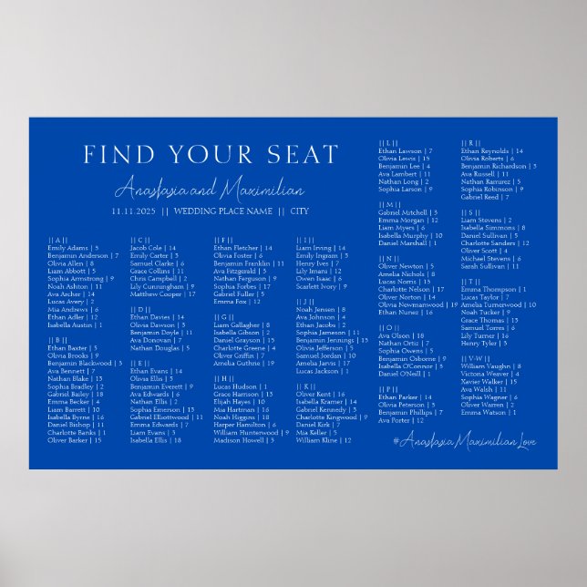 Cobalt Blue Wedding Alphabetical Seating Chart Poster (Framsidan)