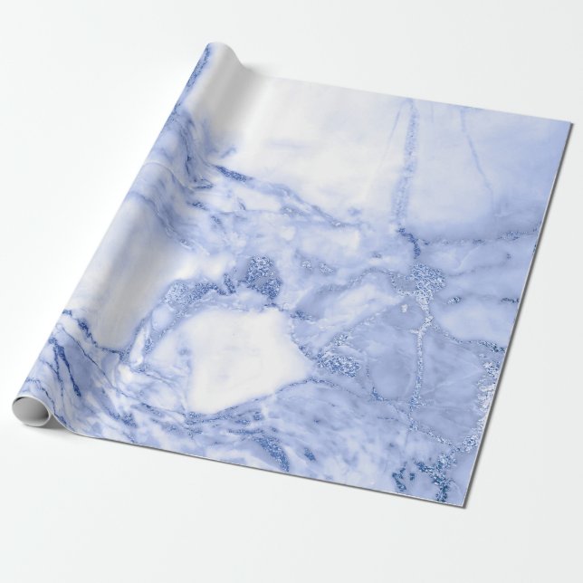 Cobalt Blue White Grått Marble Shiny Glam Presentpapper (Utrullad)