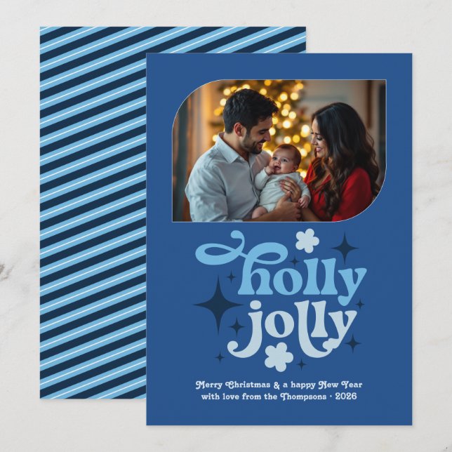 Cobalt Cheer Modern Blue Christmas Photo Julkort (Fram/baksida)